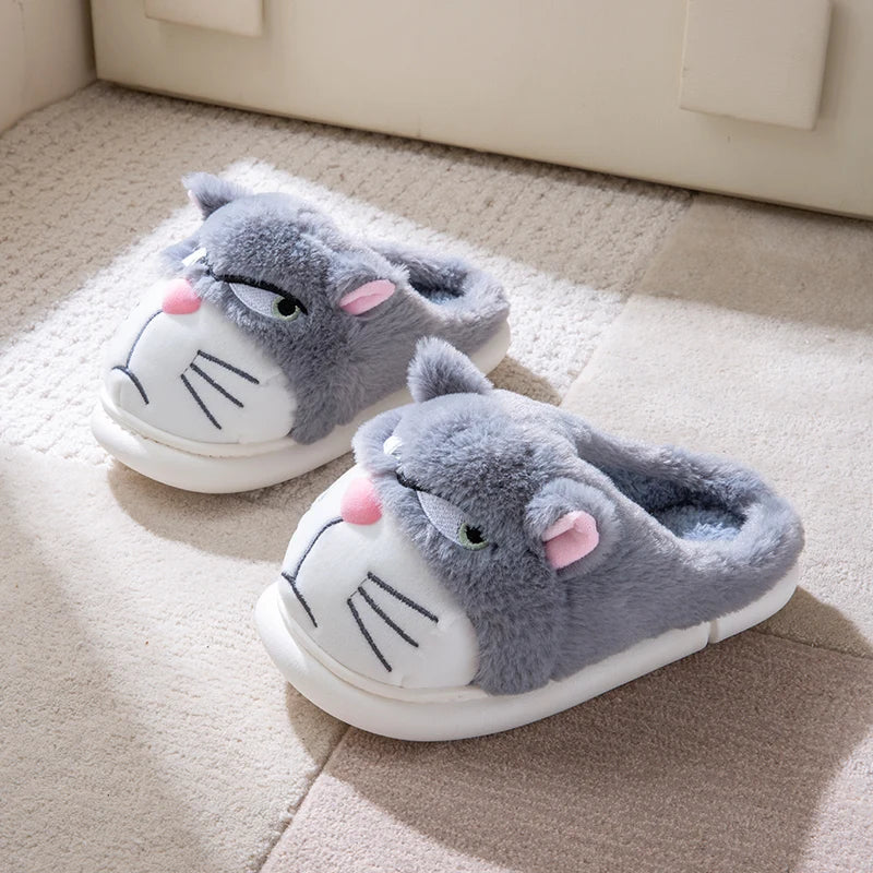 Women's Cat Plush Winter Slippers Indoor Furry House Shoes with Embroidered Face