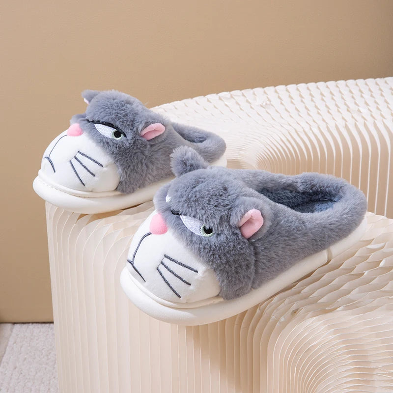 Women's Cat Plush Winter Slippers Indoor Furry House Shoes with Embroidered Face