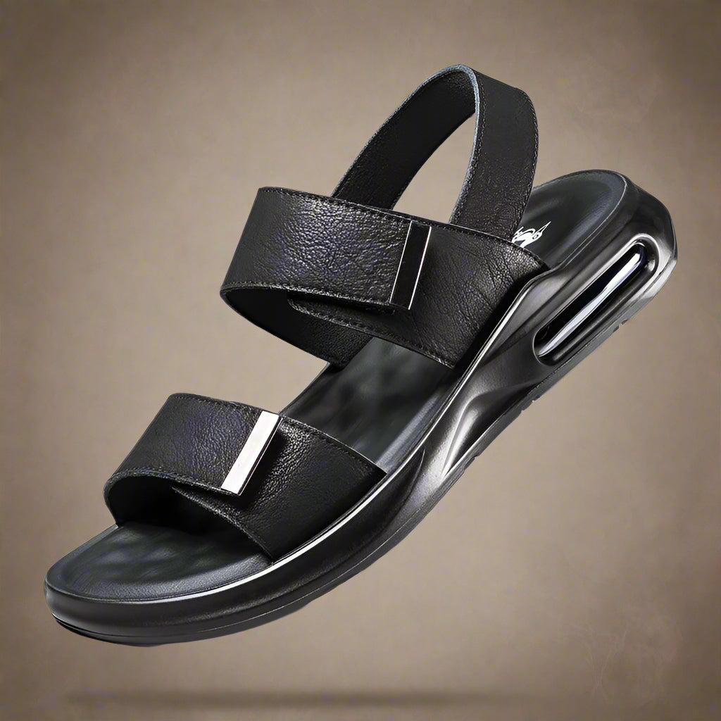 Men’s Summer Leather Sandals – Casual Beach Shoes with Hook & Loop Strap