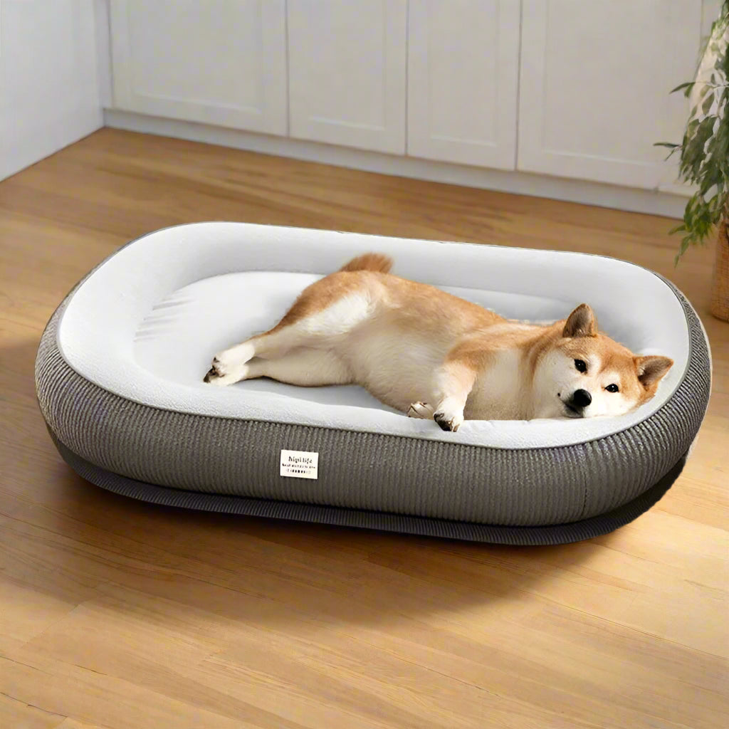 Dog lying on a gray pet bed with a white interior on a wooden floor.