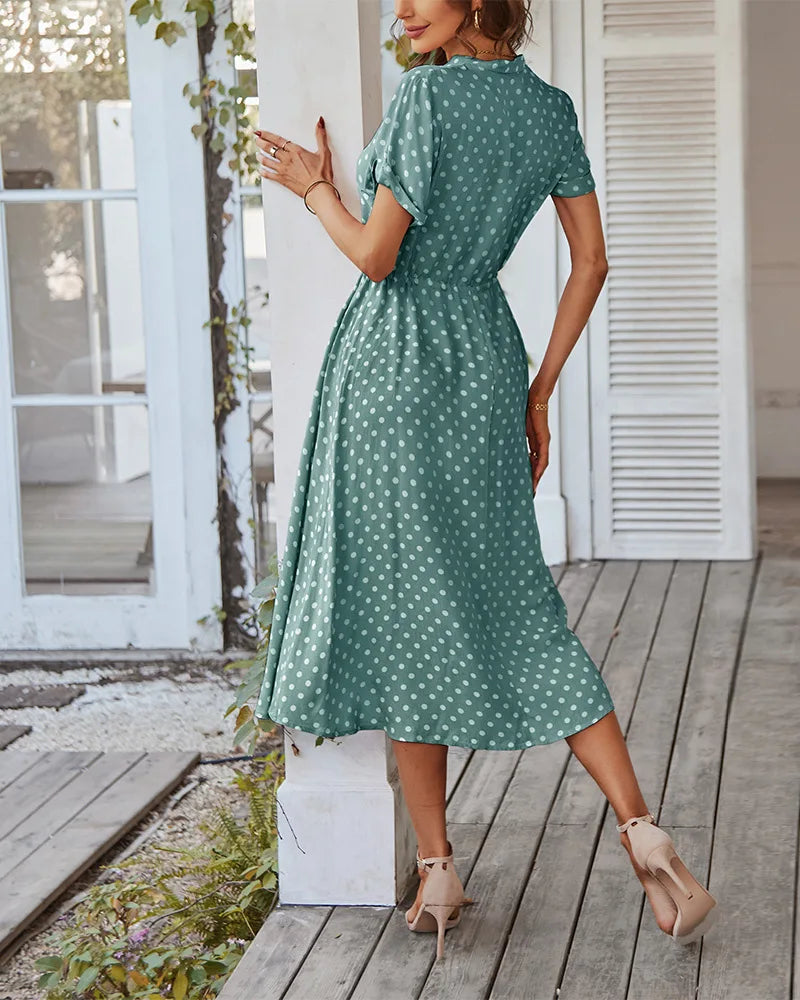 Polka Dot Print Button-Up Midi Shirt Dress – Summer Loose Boho Women Beach Dress