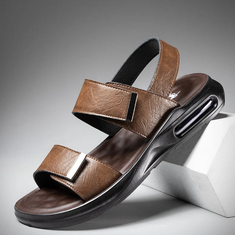 Men’s Summer Leather Sandals – Casual Beach Shoes with Hook & Loop Strap