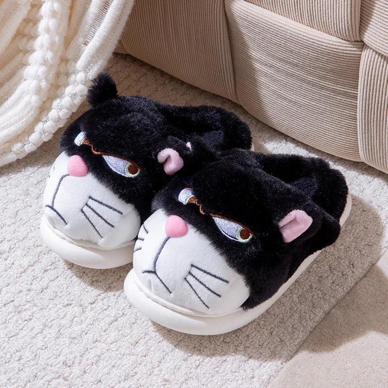 Women's Cat Plush Winter Slippers Indoor Furry House Shoes with Embroidered Face