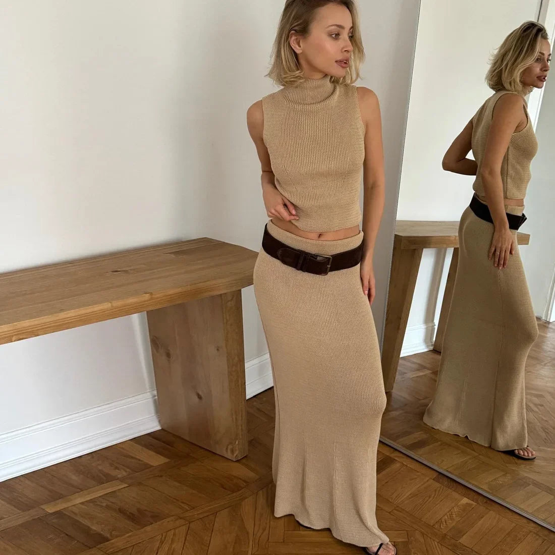 Elegant Knitted Two-Piece Set – Sleeveless Turtleneck Vest & High Waist Skirt