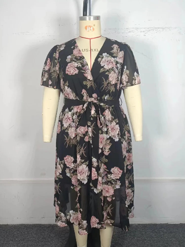 Plus Size Boho Floral Butterfly Sleeve Belted Dress