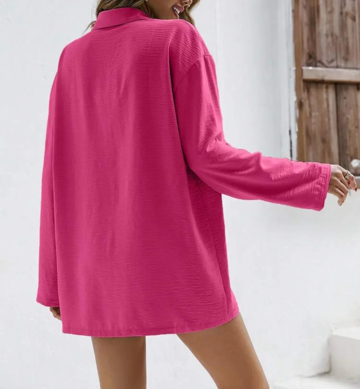 Spring Shirt and Shorts Set – Solid Colour Lapel Top with High-Waist Elastic Shorts