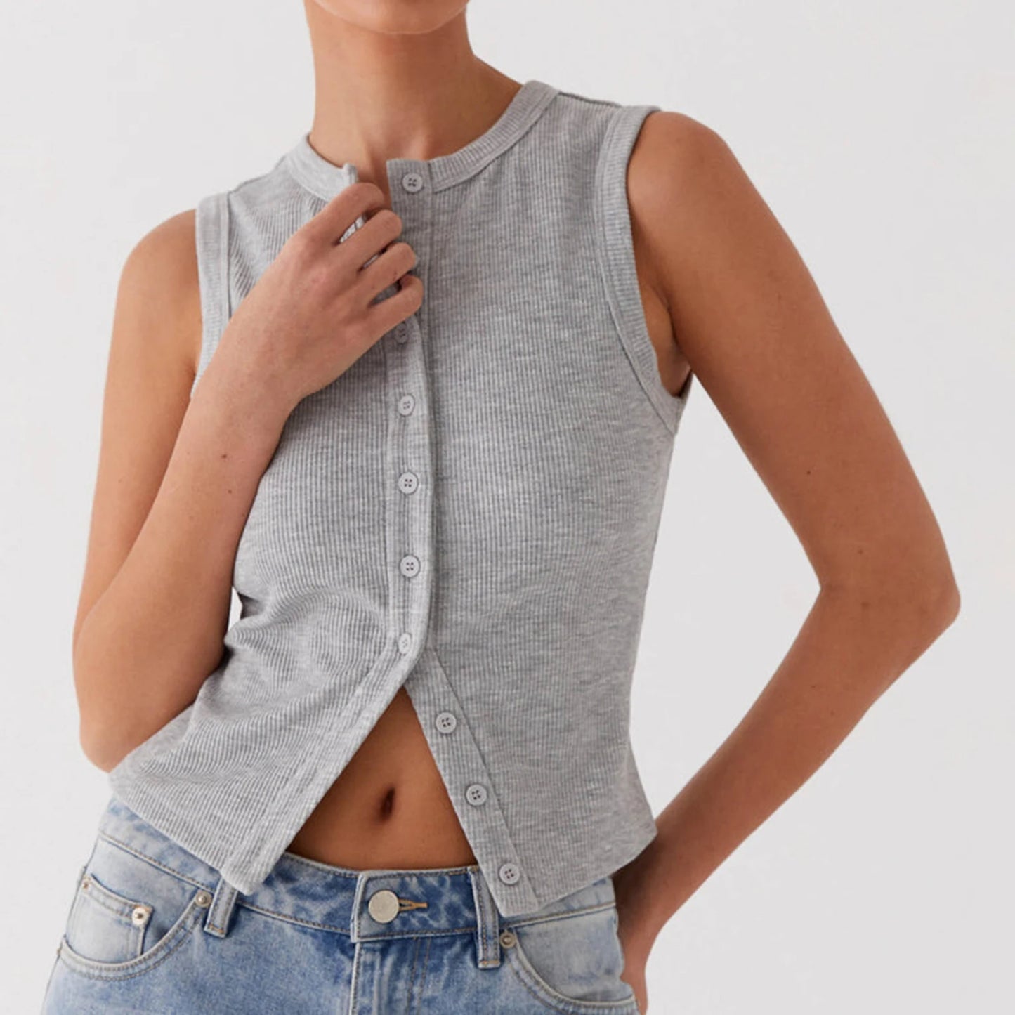 Women’s Ribbed Button Down Tank Top – Slim Fit Y2K Crop Vest with Comfy Stretch Fit