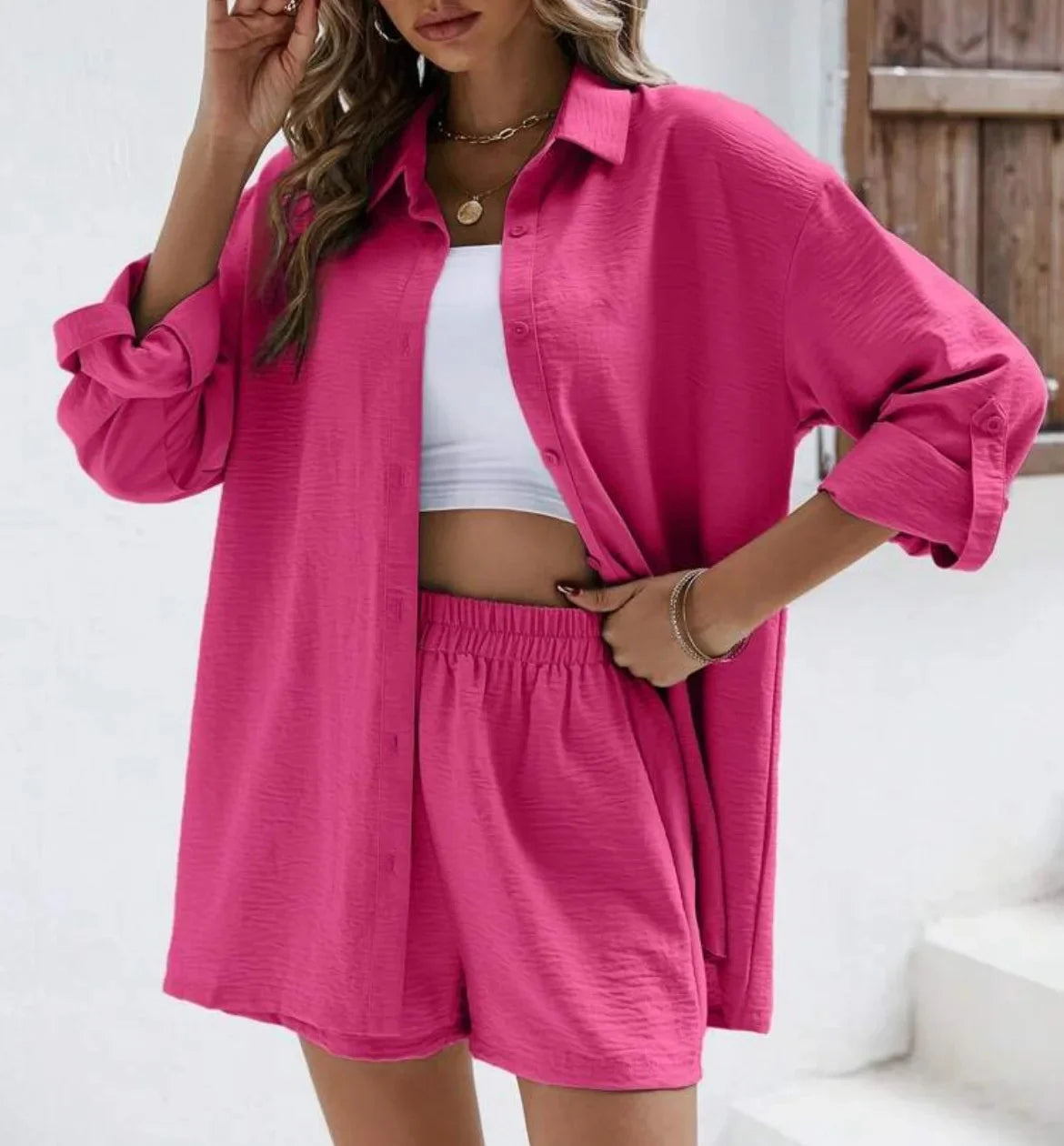 Spring Shirt and Shorts Set – Solid Colour Lapel Top with High-Waist Elastic Shorts