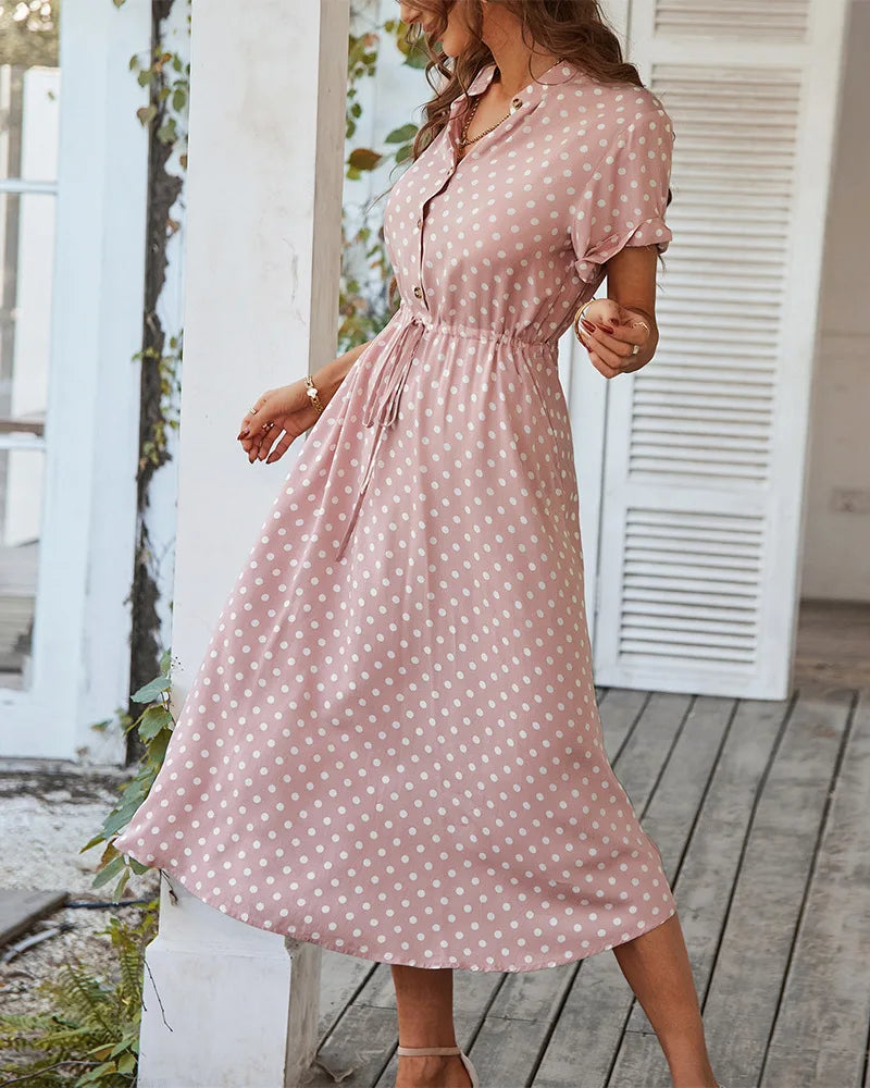 Ladies Polka Dot Print Shirt Dress – Casual Summer Midi Sundress