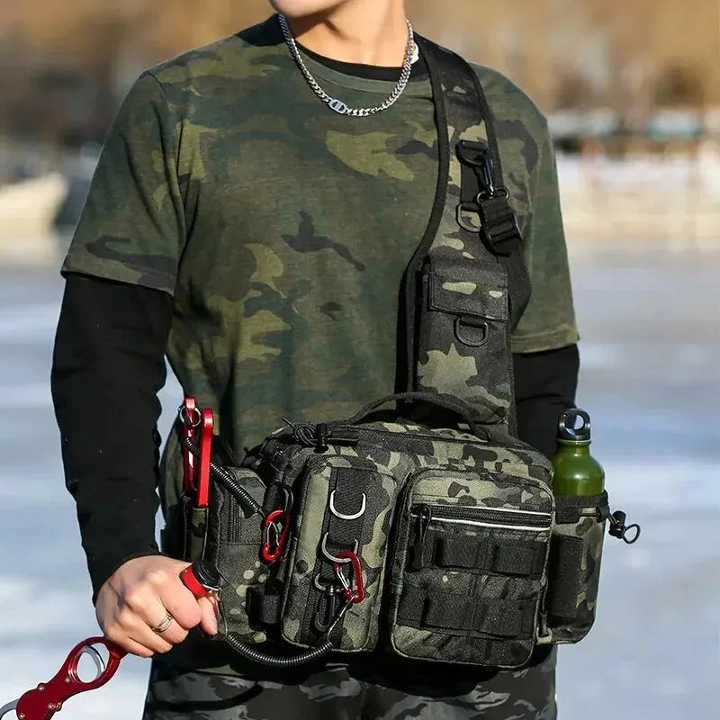 Fishing Tackle Sling Backpack – Gear Storage Bag with Rod Holder & Lure Box Organizer