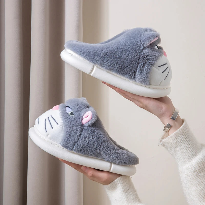 Women's Cat Plush Winter Slippers Indoor Furry House Shoes with Embroidered Face