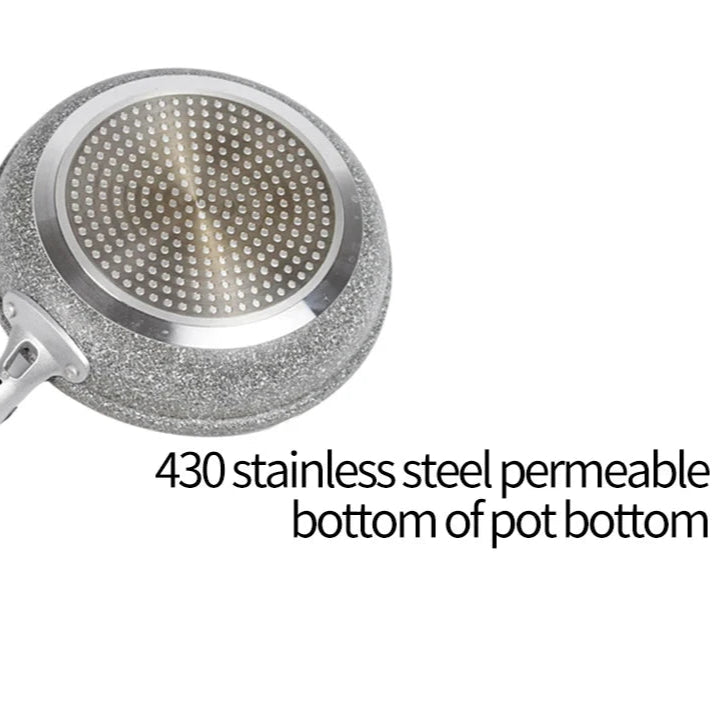 Stainless steel pot with labeled layers on a white background