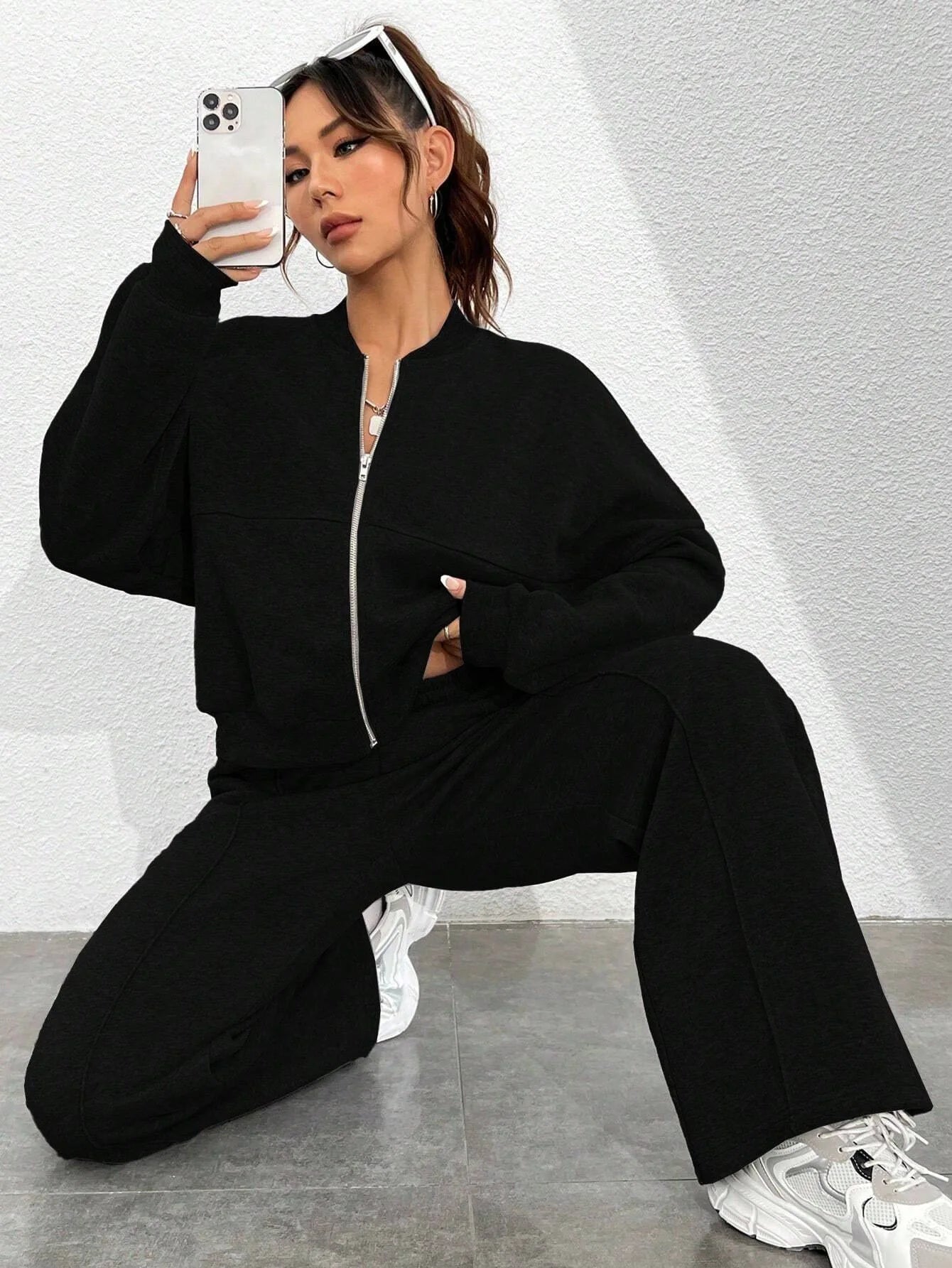 Women’s Casual Matching Tracksuit Set – Zipper Cardigan & Wide-Leg Drawstring Pants