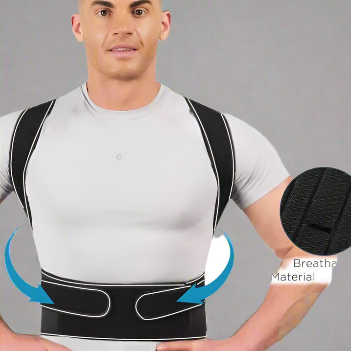 Man wearing a black posture corrector with feature highlights on a white background