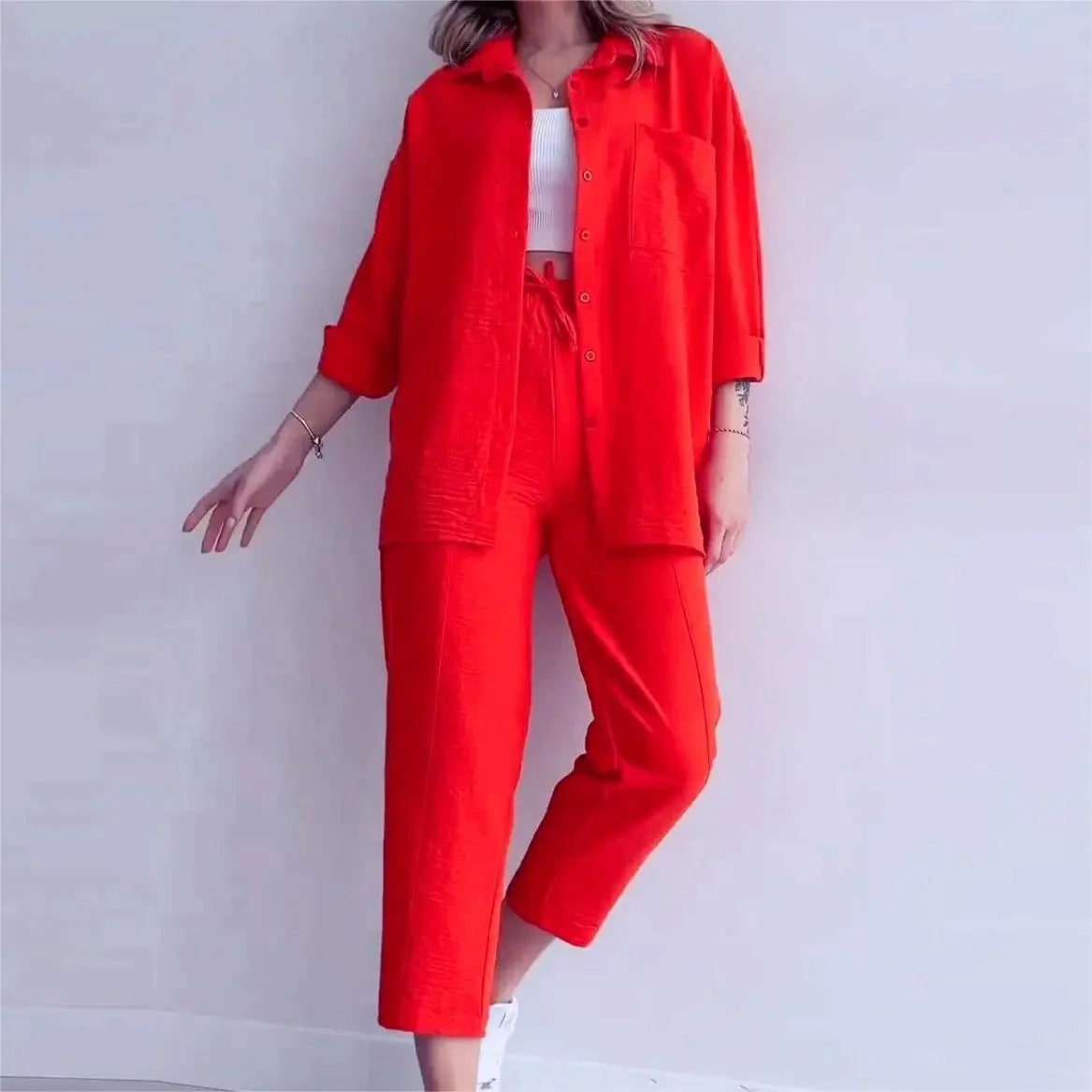 Summer Wrinkled Shirt & Wide-Leg Pants Set – High Waist Casual 2PCS Outfit
