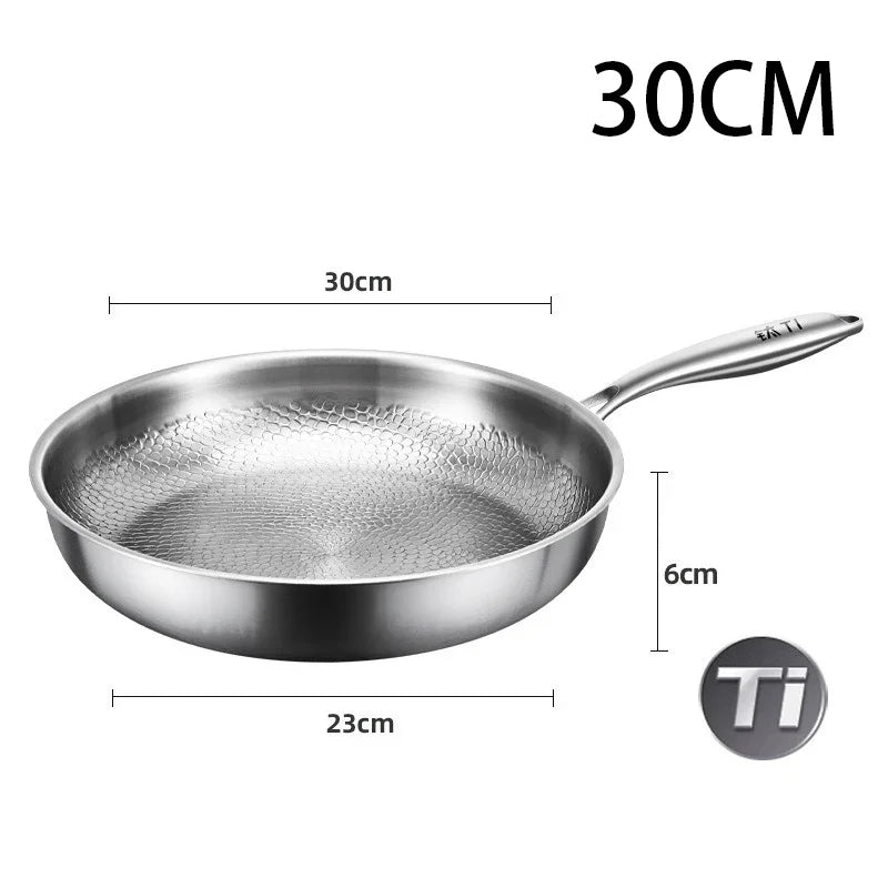 Stainless steel frying pan with dimensions labeled on a white background