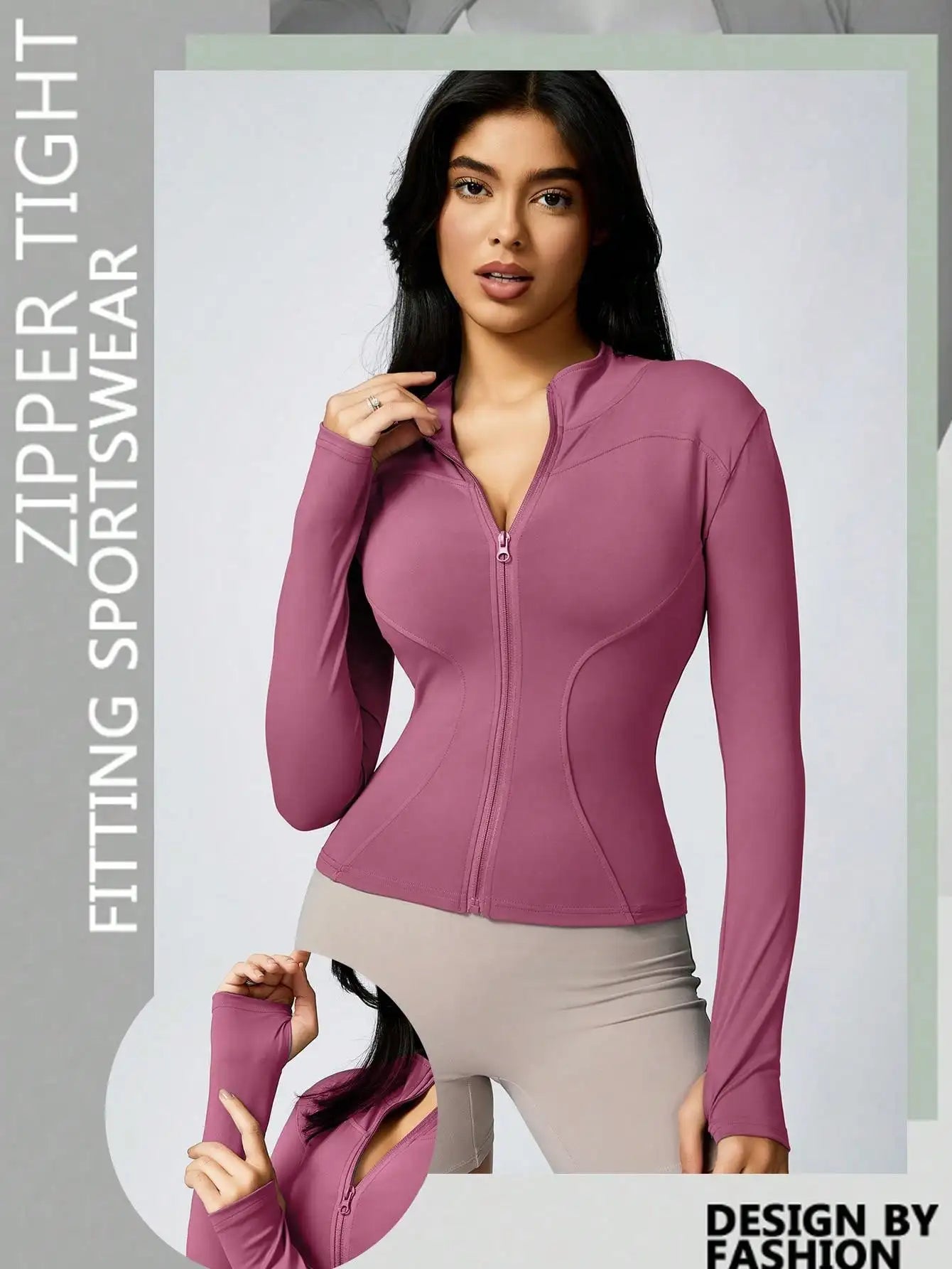 Women’s Zip-Up Sports Jacket – Slim Fit Turtleneck Long Sleeve Activewear Top