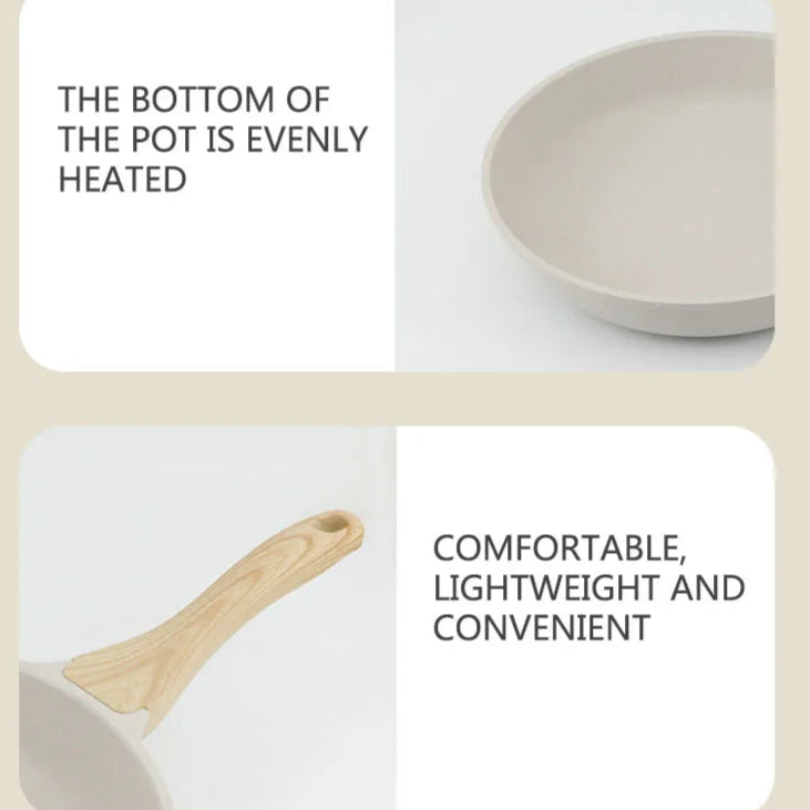 Product description card with text and images of a pot and wooden spoon on a beige background.