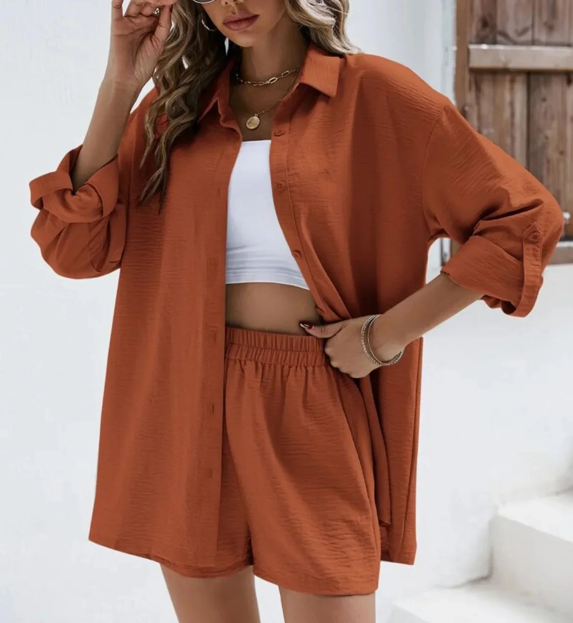 Spring Shirt and Shorts Set – Solid Colour Lapel Top with High-Waist Elastic Shorts