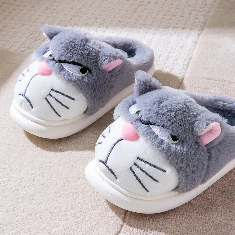 Women's Cat Plush Winter Slippers Indoor Furry House Shoes with Embroidered Face