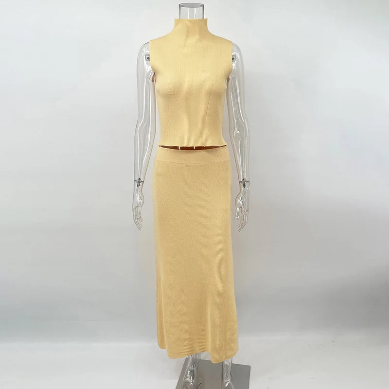 Elegant Knitted Two-Piece Set – Sleeveless Turtleneck Vest & High Waist Skirt