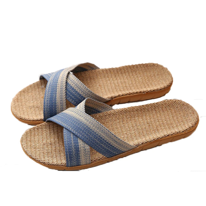 Summer Men’s Flax Slippers – Retro Cross-Strap Linen Indoor & Beach Slides