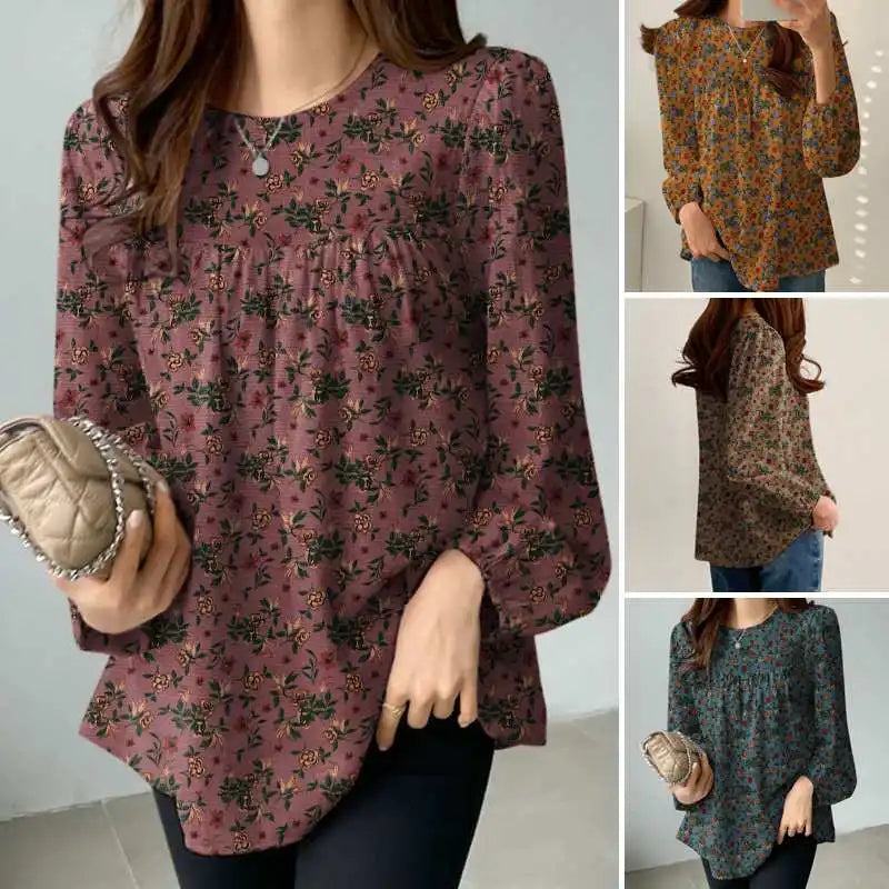 Floral Cotton Blouse – Bohemian Long Sleeve O-Neck Casual Shirt