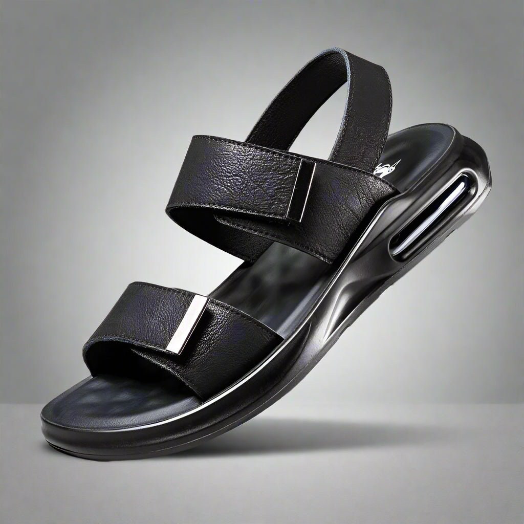 Men’s Summer Leather Sandals – Casual Beach Shoes with Hook & Loop Strap