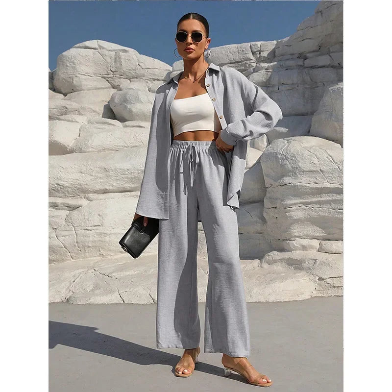 Women's 2-Piece Outfit – Lapel Shirt and Wide-Leg Trousers in a Modern Relaxed Fit