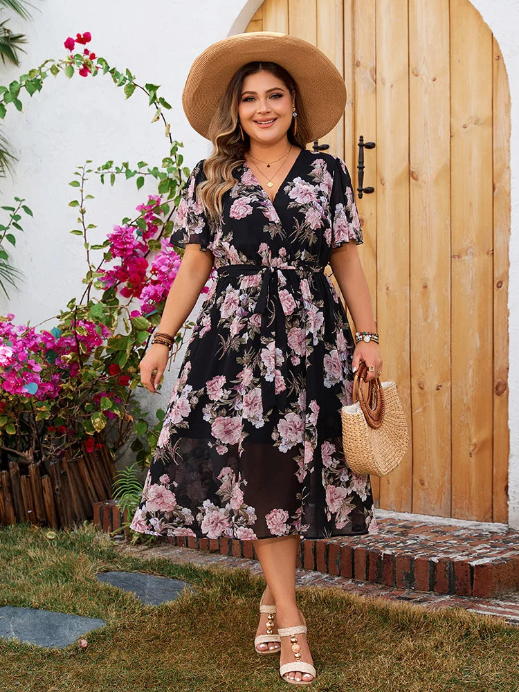 Plus Size Boho Floral Butterfly Sleeve Belted Dress