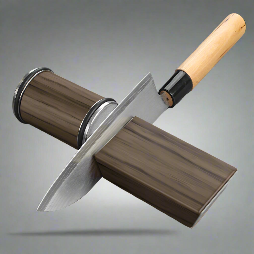 Wooden-handled tool with metal blade on a gray surface