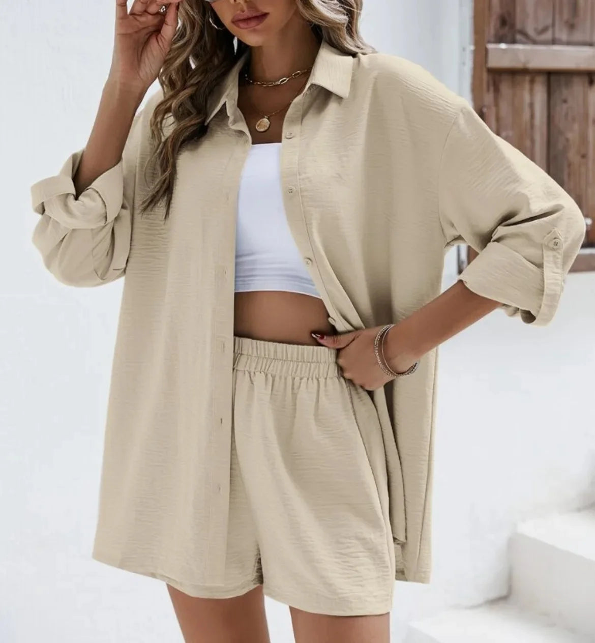 Spring Shirt and Shorts Set – Solid Colour Lapel Top with High-Waist Elastic Shorts