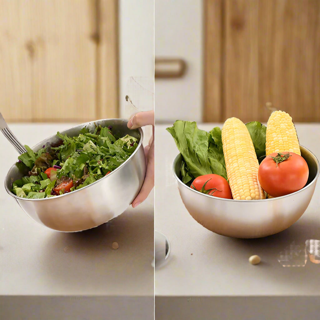 Two images showing a metal bowl with salad and another with vegetables and noodles.