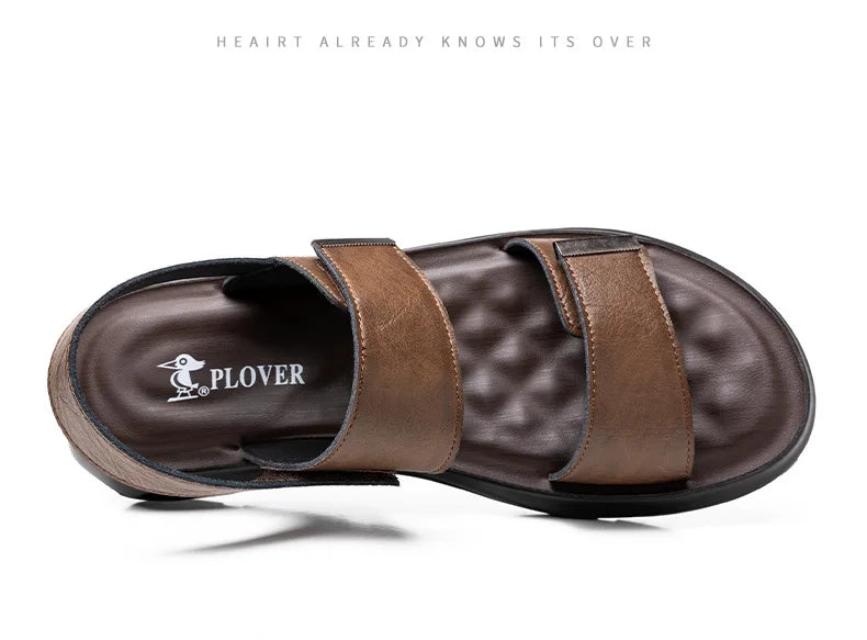 Men’s Summer Leather Sandals – Casual Beach Shoes with Hook & Loop Strap
