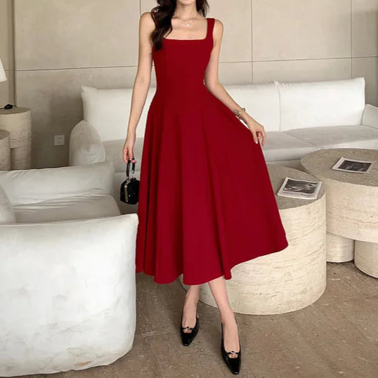 Women's A-Line Midi Dress – Vintage Square Collar, Sleeveless Party Dress
