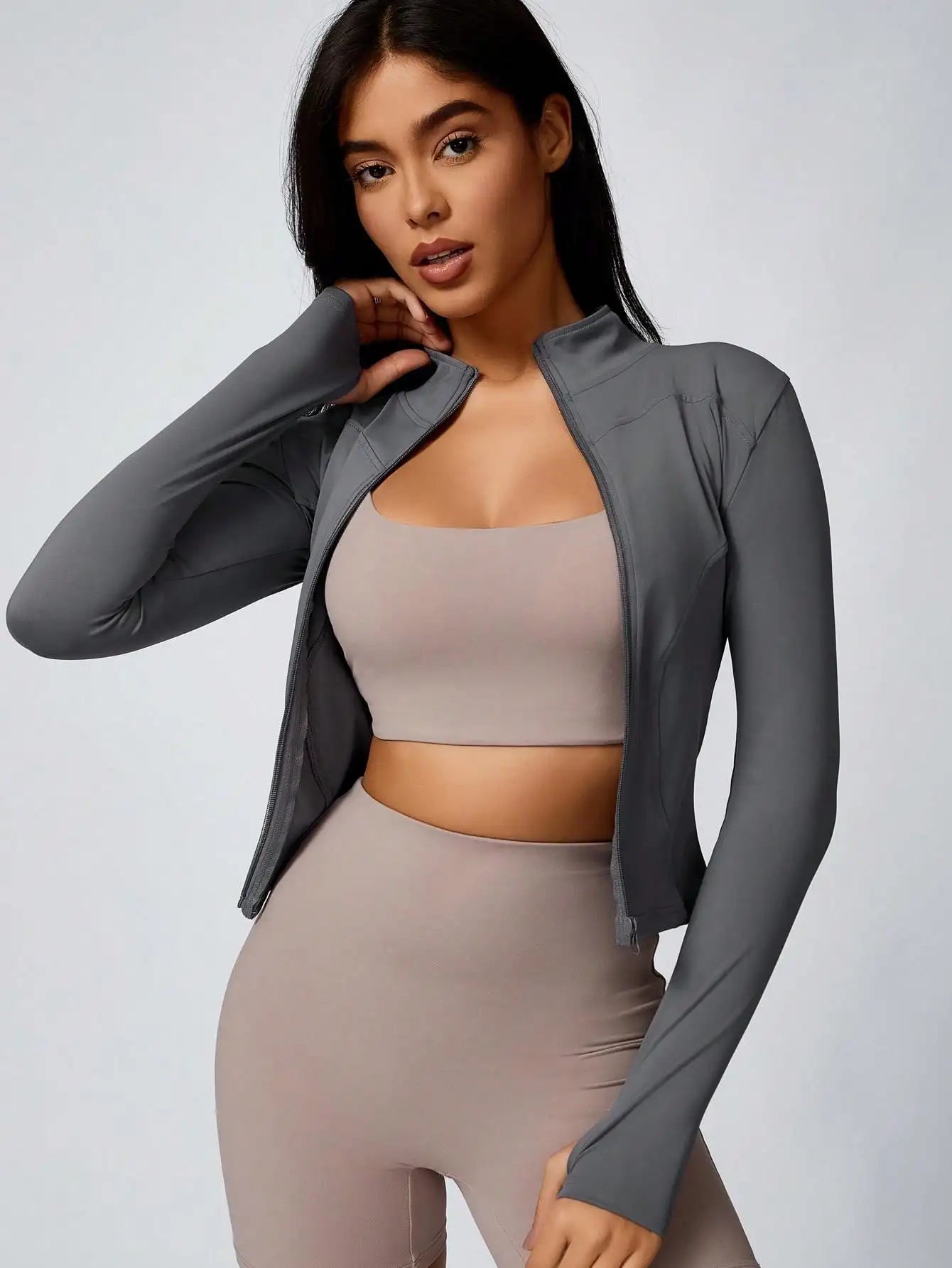 Women’s Zip-Up Sports Jacket – Slim Fit Turtleneck Long Sleeve Activewear Top