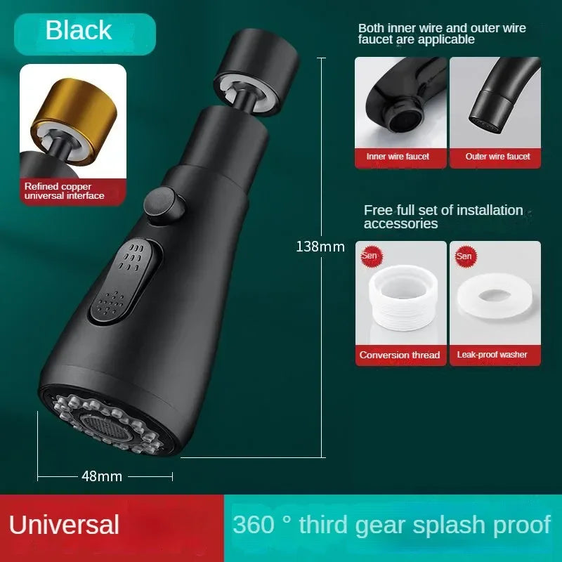 Black handheld shower head with installation accessories on a green background
