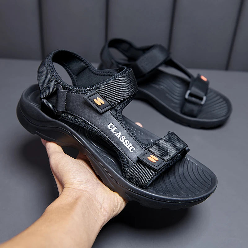 Men’s Summer Outdoor Sandals – Classic PU Beach Shoes with Hook & Loop Closure