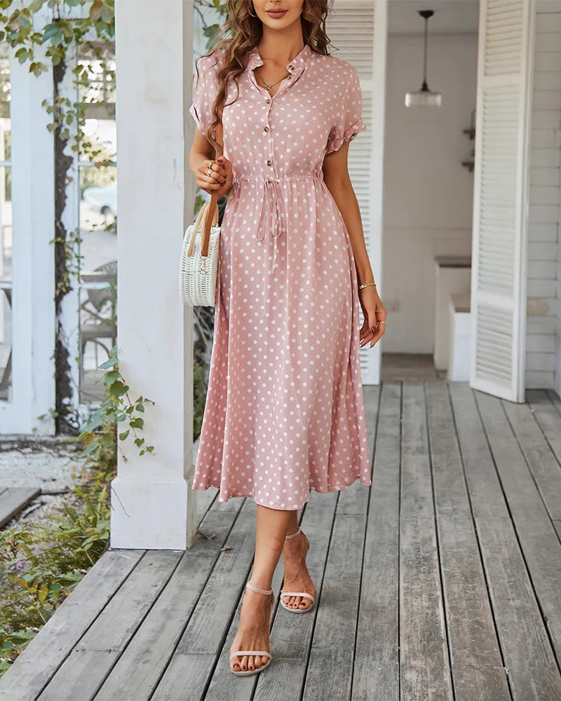 Ladies Polka Dot Print Shirt Dress – Casual Summer Midi Sundress