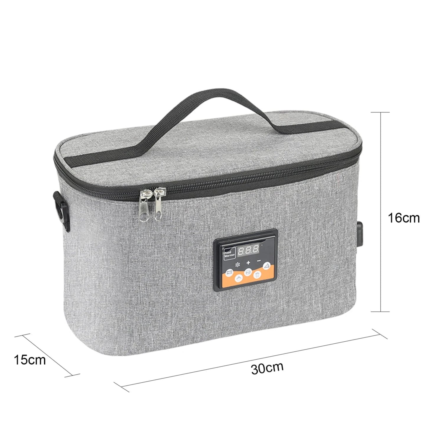An 8L portable digital baby bottle & food warmer with a grey exterior, digital temperature control display, and carry handle. It is shown with food inside, indicating its use on the go.