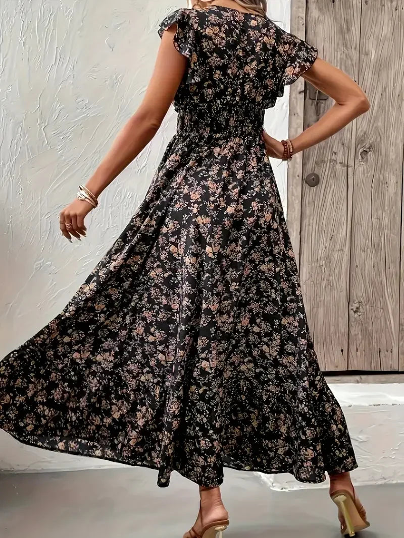 Plus Size Floral Maxi Dress for Women – V-Neck Ruffle Sleeve Summer Dress