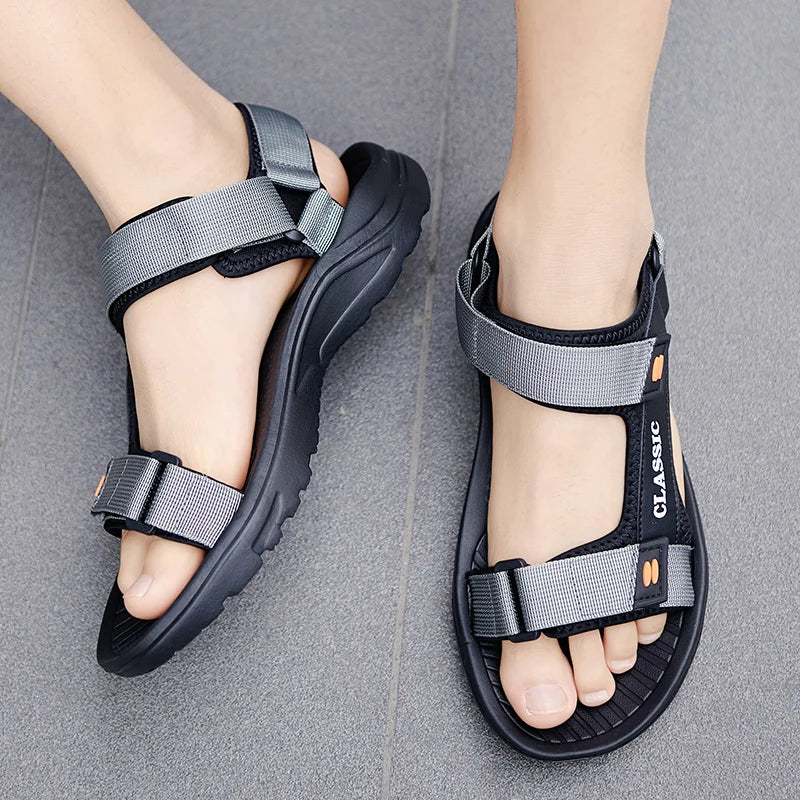 Men’s Summer Outdoor Sandals – Classic PU Beach Shoes with Hook & Loop Closure