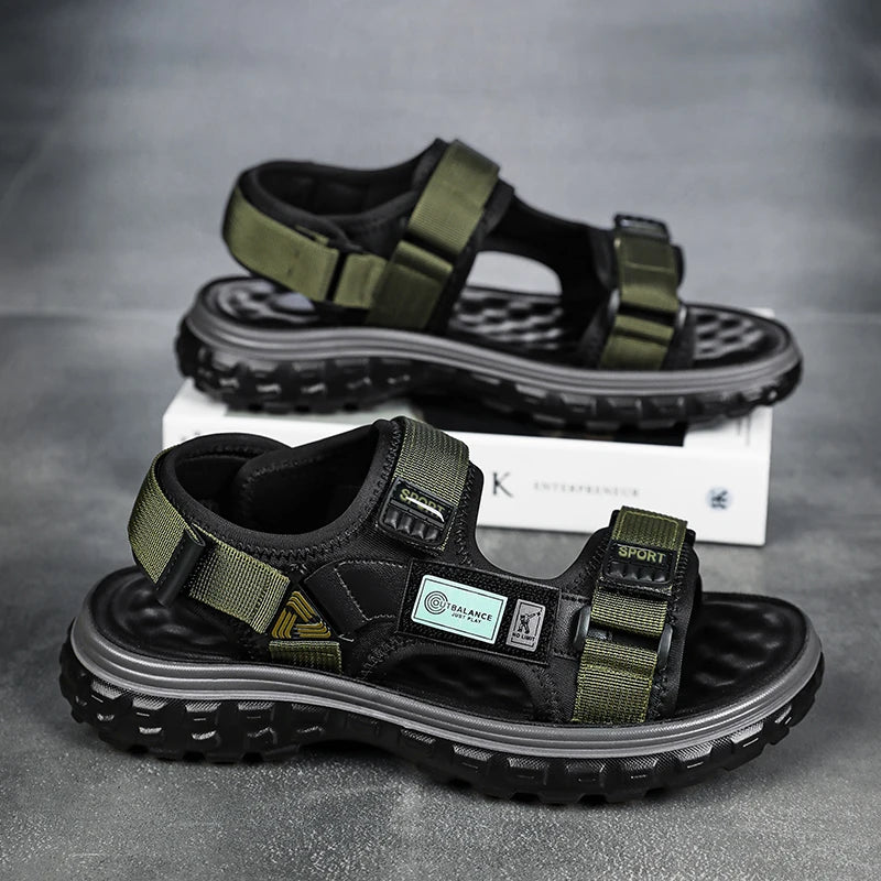 Men’s Outdoor Leather Sandals – Breathable Hiking Shoes with Elastic Strap