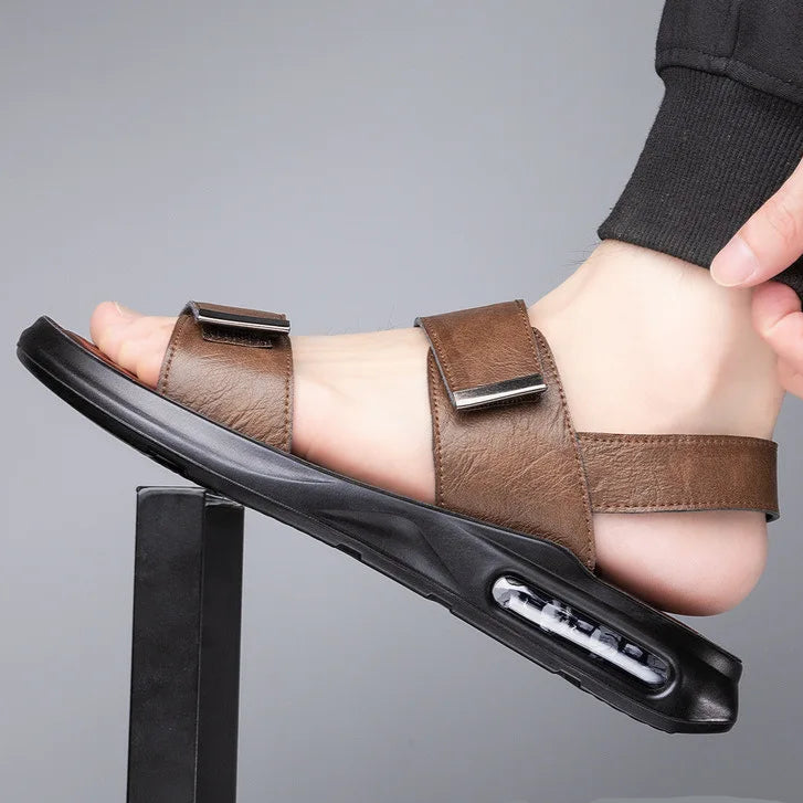 Men’s Summer Leather Sandals – Casual Beach Shoes with Hook & Loop Strap