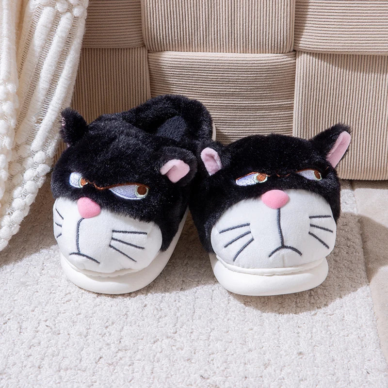 Women's Cat Plush Winter Slippers Indoor Furry House Shoes with Embroidered Face