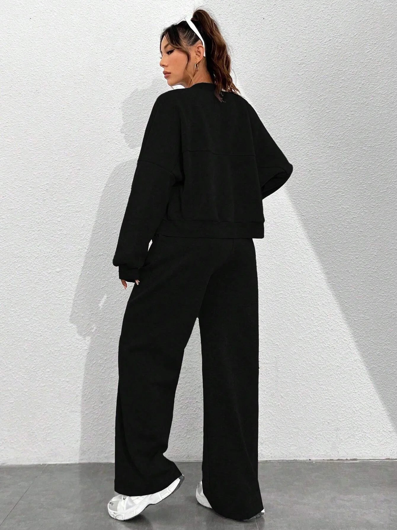 Women’s Casual Matching Tracksuit Set – Zipper Cardigan & Wide-Leg Drawstring Pants