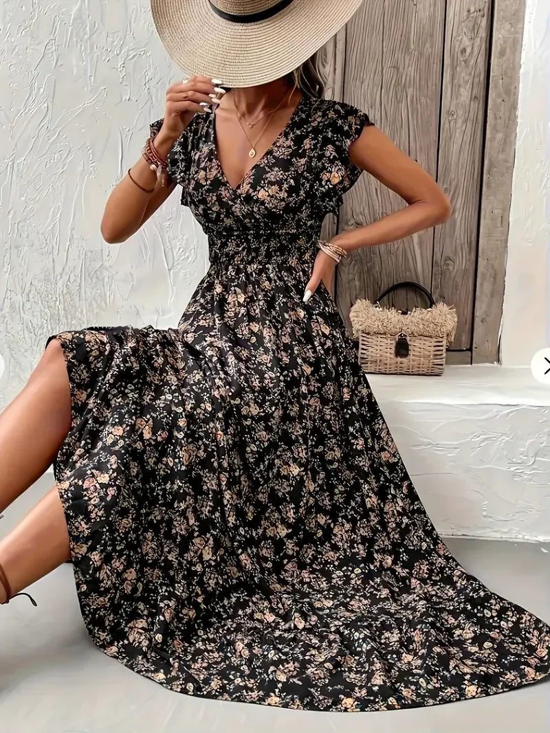 Plus Size Floral Maxi Dress for Women – V-Neck Ruffle Sleeve Summer Dress