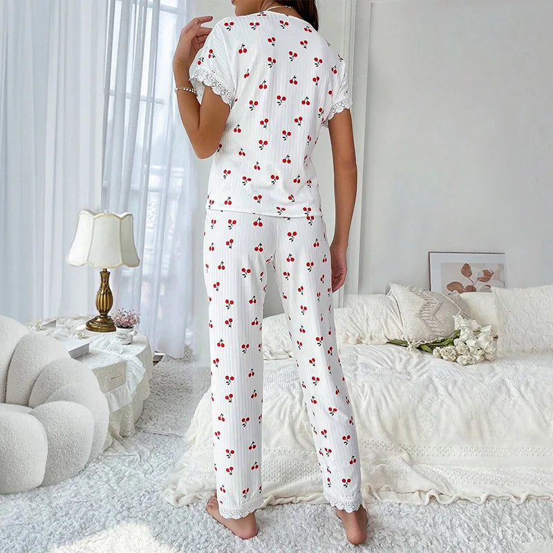 Cherry Print Lace Patchwork Pyjama Set – Cute 2PCS Summer Loungewear Set