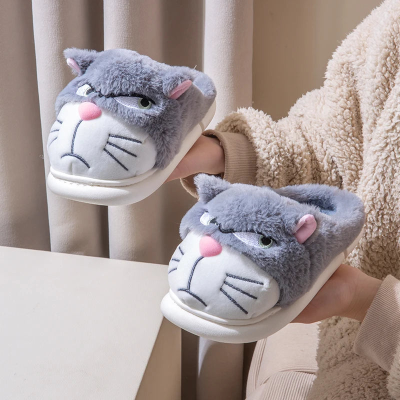Women's Cat Plush Winter Slippers Indoor Furry House Shoes with Embroidered Face