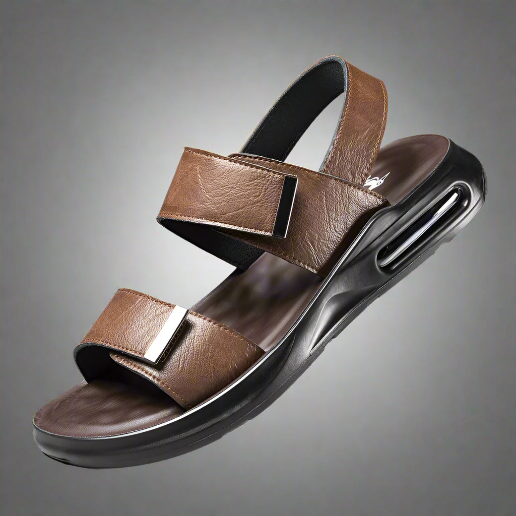 Men’s Summer Leather Sandals – Casual Beach Shoes with Hook & Loop Strap